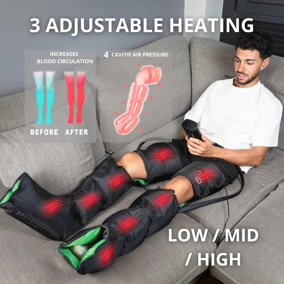 Massaggiatore a Compressione con Calore per Circolazione e Sollievo dal Dolore, 3 in 1 per Piedi, Polpacci e Cosce, Stivali per Linfedema, Gambe Gonfie ed Edema